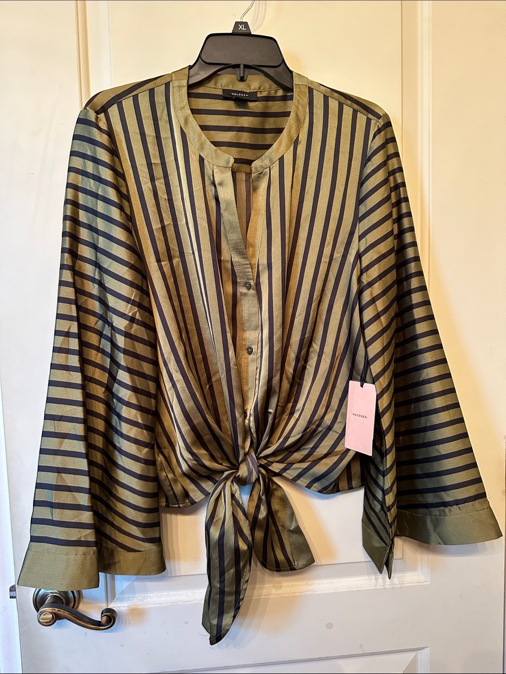Halogen Olive Green & Black Striped Tie-Front Blouse